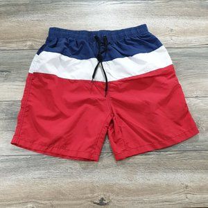Conquest Mens Boy Swimming Trunks Large 28" to 30" Waist Red White Blue Lined
